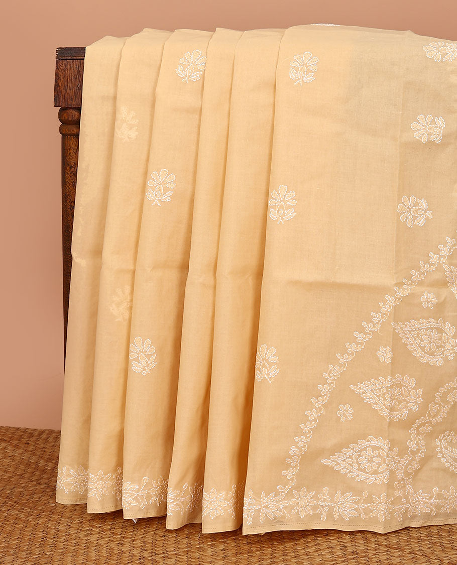Sandal thread embroidered buttas Lucknowi chikankari saree, thread embroidered border, and intricately embroidered pallu