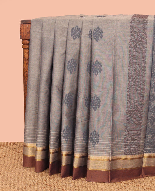Grey Kanchi Cotton Saree, Uniquely Designed with Buttas All Over Its Body, Complemented by Contrast Zari Design Border, Pallu of Jaal Design, and Paired with a Matching Blouse