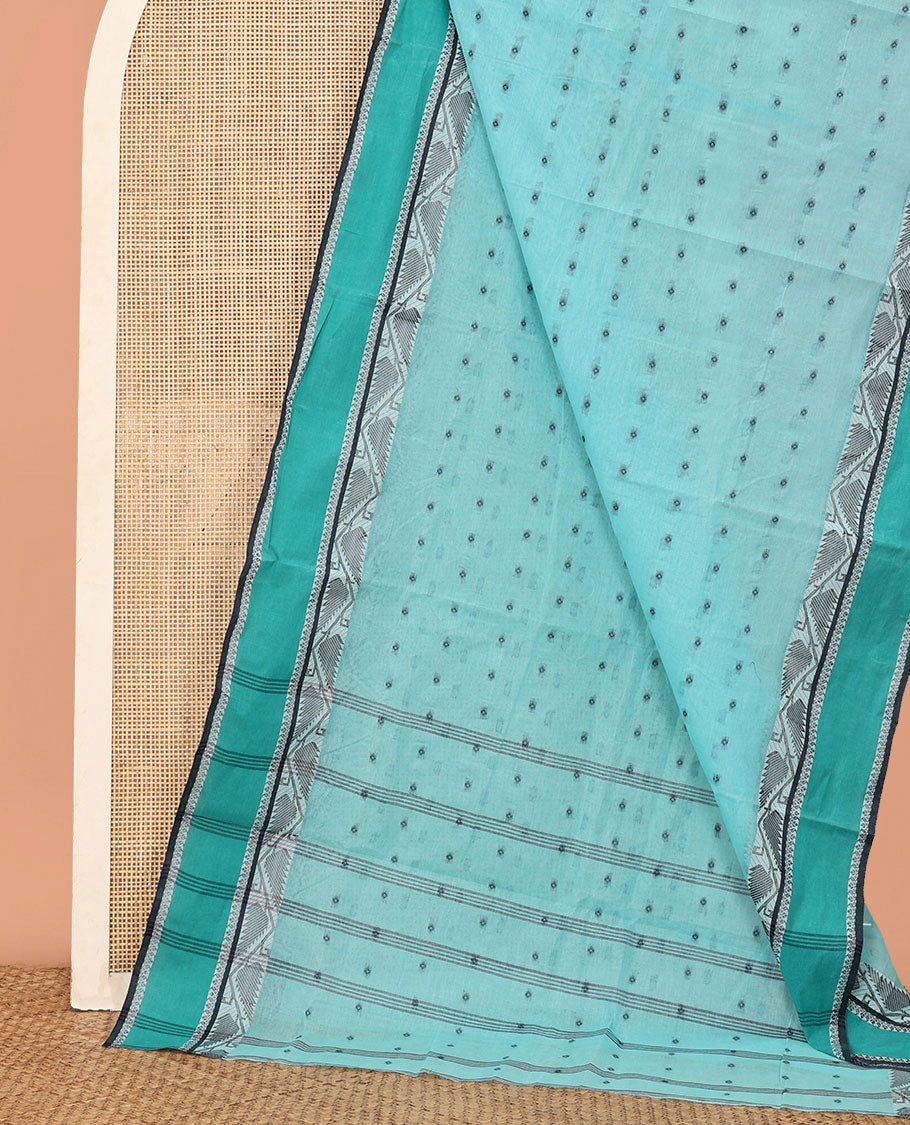 Blue Bengal Cotton Saree, Subtly Sparkled with Buttas, Contrast Floral Creeper Border, Striped Pallu, and No Blouse