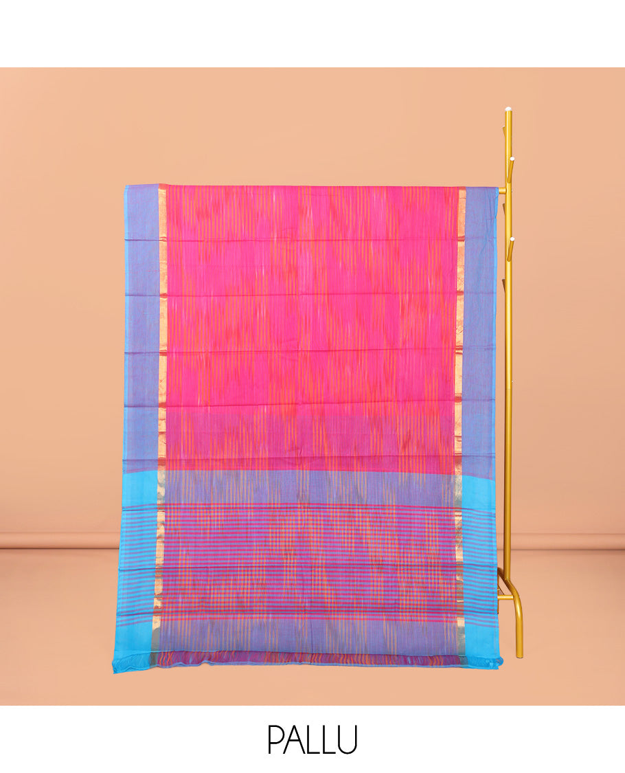 Pink Ikat Textured Chirala Cotton Saree, a Contrast Border, Self-Pallu, and a Contrast Blouse