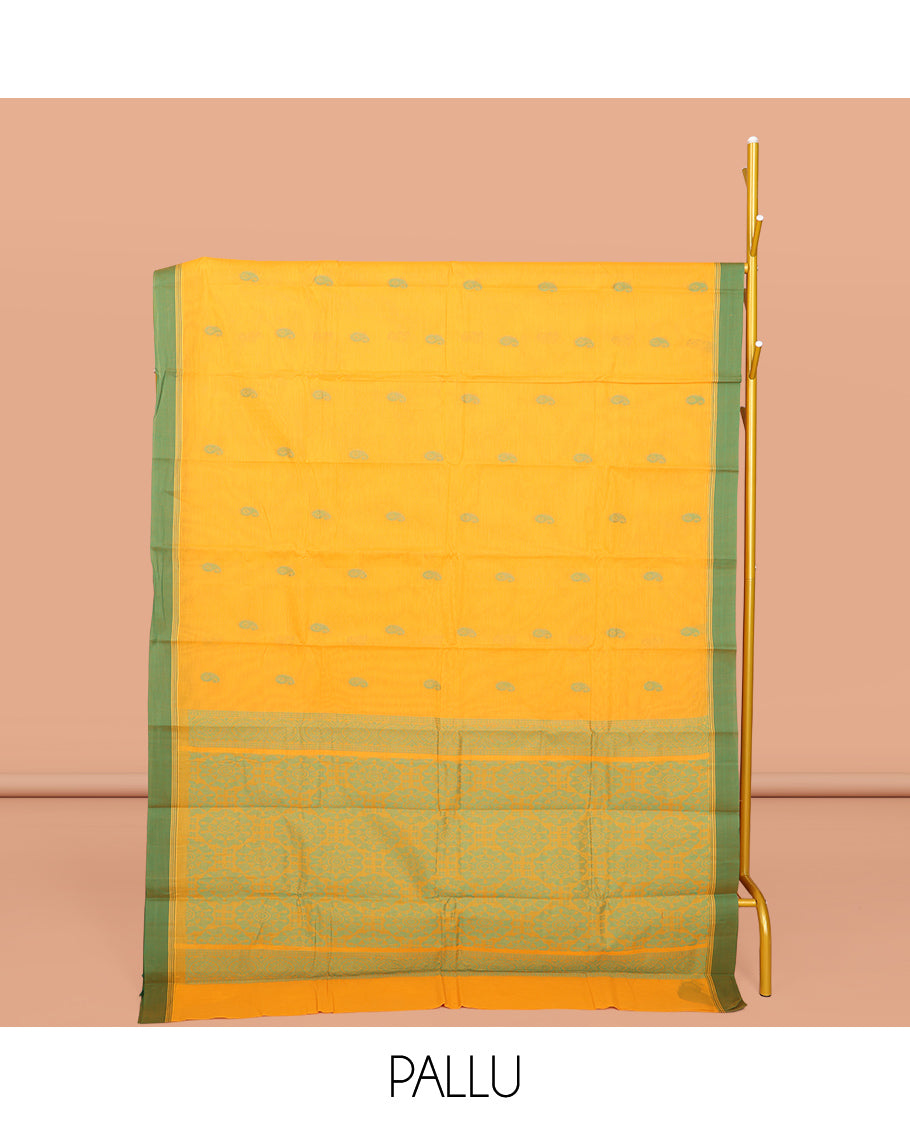 Yellow Kanchi Cotton Saree, Decked Up with Buttas All Over Its Body, Complemented by a Contrast Border, Pallu of Intricate Design, and Paired with a Matching Blouse