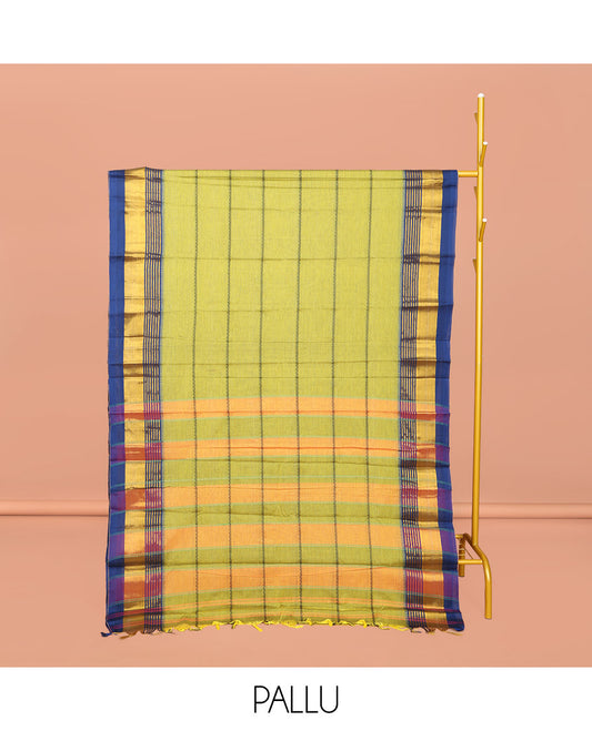 Green Narayanpet Cotton Saree, Adorned with Veldhari Stripes, Complemented by a Contrast Temple Traditional Zari Design Border, Striped Pallu, and Comes Without a Blouse
