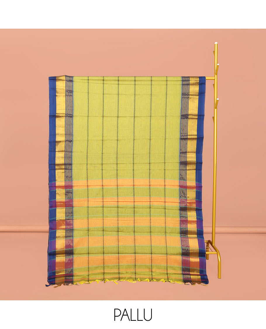 Green Narayanpet Cotton Saree, Adorned with Veldhari Stripes, Complemented by a Contrast Temple Traditional Zari Design Border, Striped Pallu, and Comes Without a Blouse