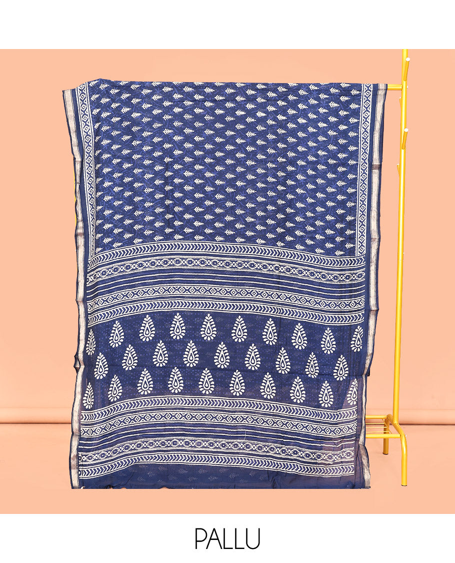 Blue Mul Mul Cotton Saree, Embellished with Tree Buttas, a Piping Border, Printed Pallu, and a Matching Blouse