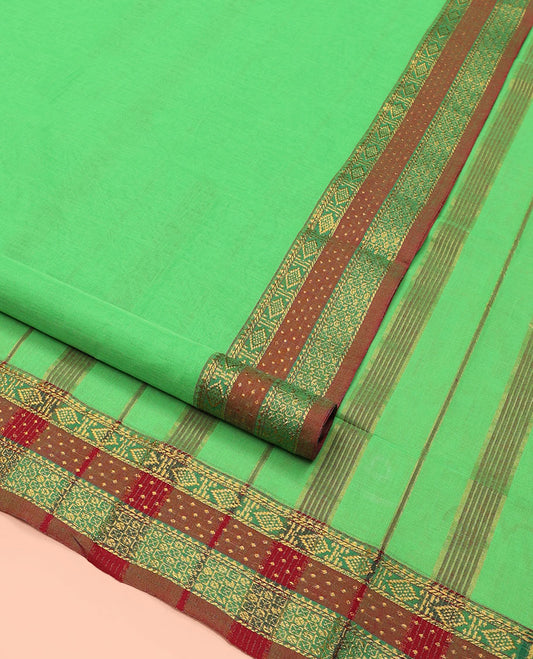 Green Plain Nine-Yard Cotton Saree, Complemented  by a Contrast Temple Traditional Design Border, Striped Pallu, and Comes Without a Blouse