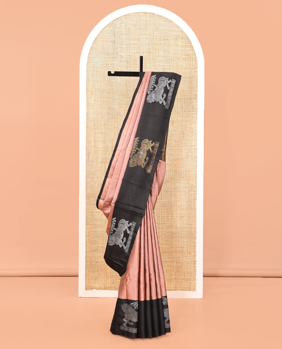 Onion Pink-Black Striped Mayuri Lite Silkmix , Contrast Border, Blouse