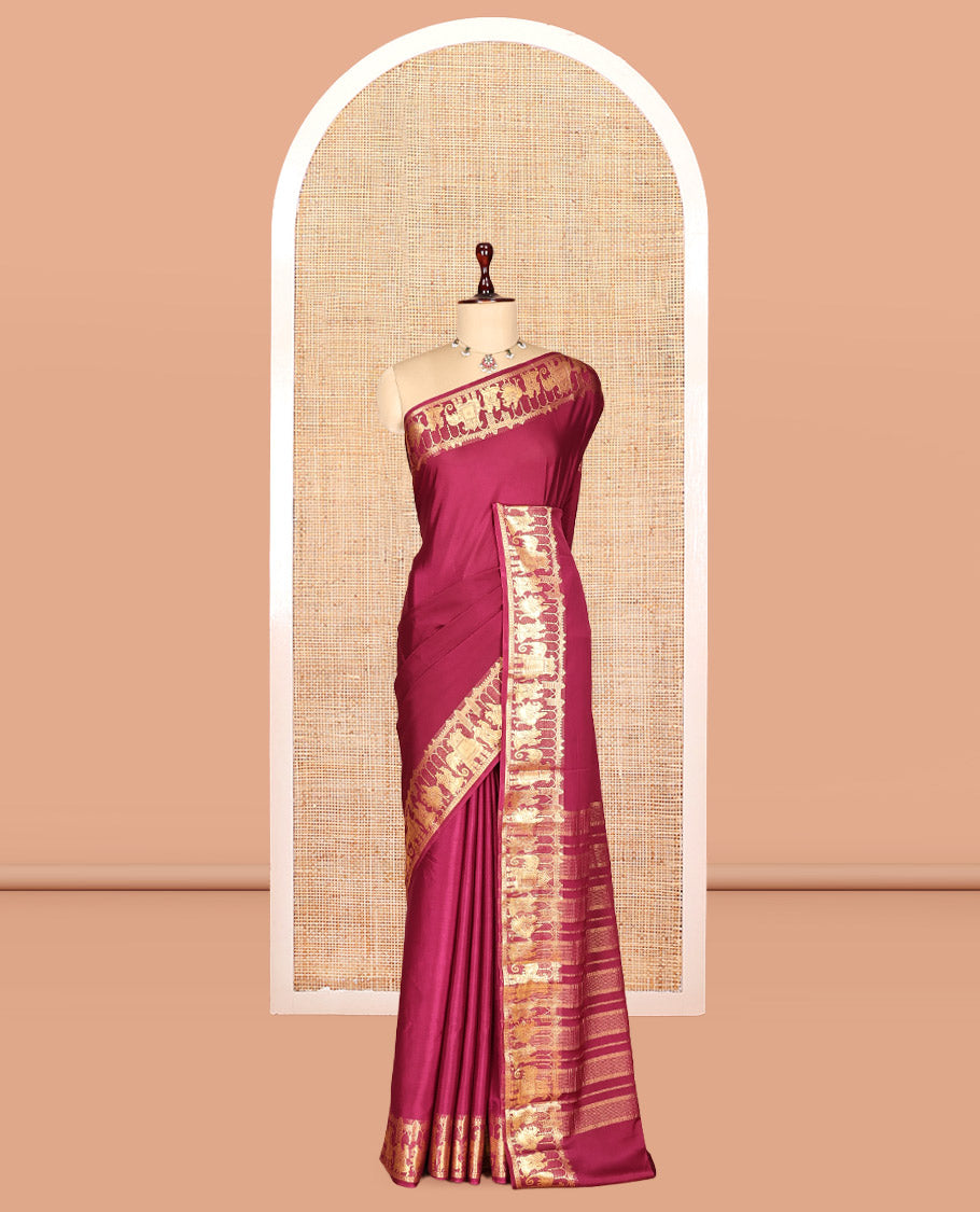 Wine Plain Semi-Mysore Saree, Zari Wedding-Themed Border, Zari Striped Pallu, Matching Blouse