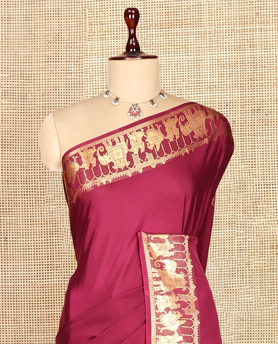 Wine Plain Semi-Mysore Saree, Zari Wedding-Themed Border, Zari Striped Pallu, Matching Blouse