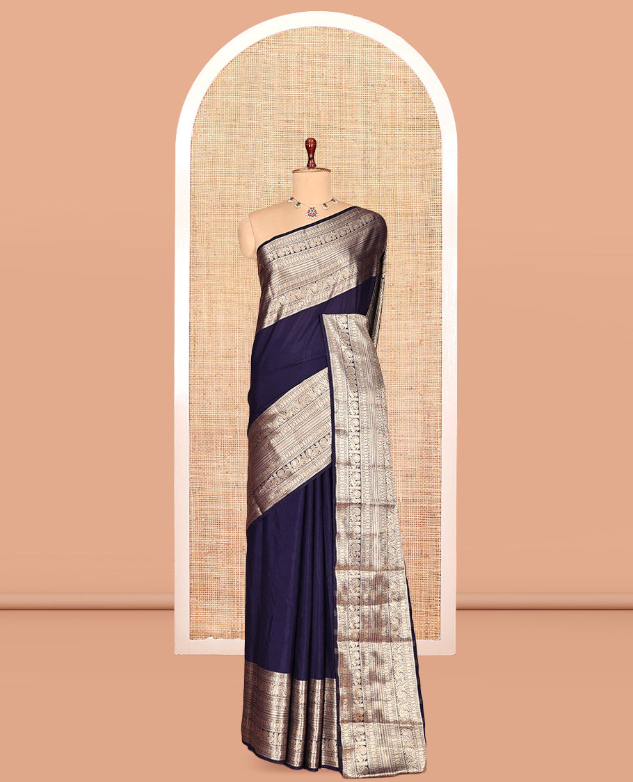 Navy Blue Plain Semi-Mysore Silk Saree