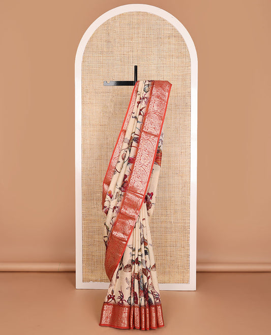 Sandal floral printed with French knot embroidered dola silk saree, contrast paisley zari design border & French knot thread embroidered pallu