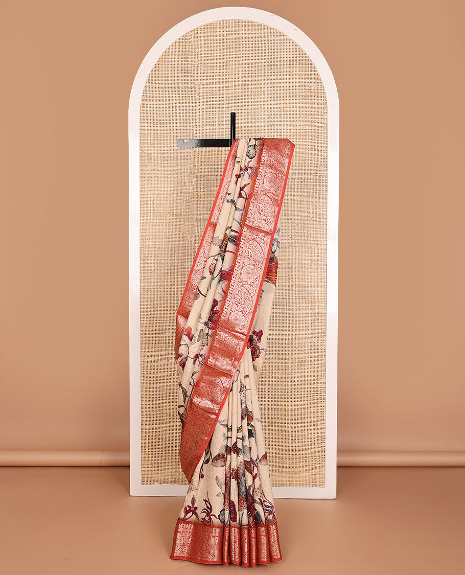 Sandal floral printed with French knot embroidered dola silk saree, contrast paisley zari design border & French knot thread embroidered pallu
