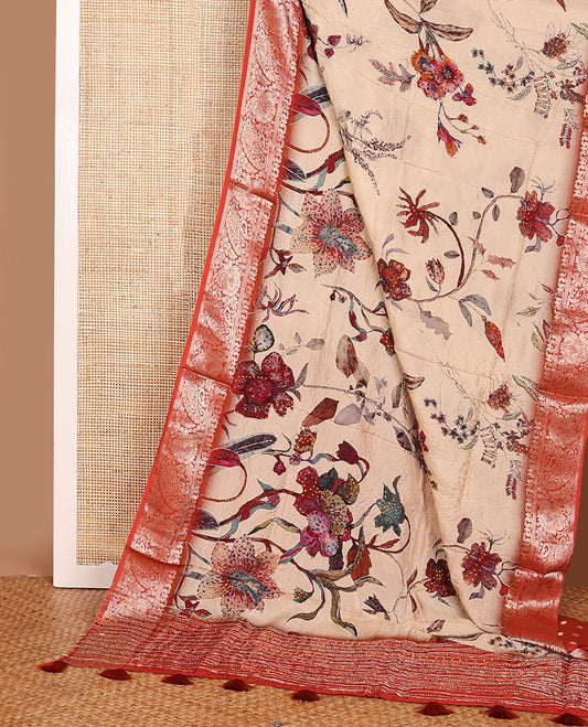 Sandal floral printed with French knot embroidered dola silk saree, contrast paisley zari design border & French knot thread embroidered pallu