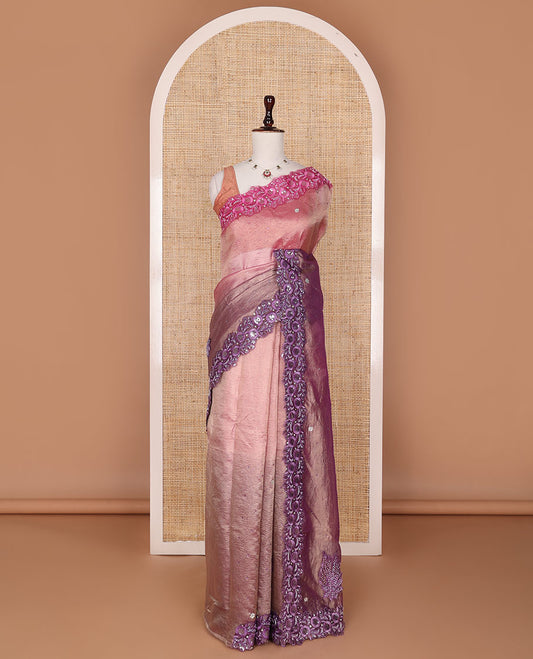 Pink stone embedded ombre crushed tissue designer saree, scallop ganga-jamuna floral-theme thread embroidered border with stone work