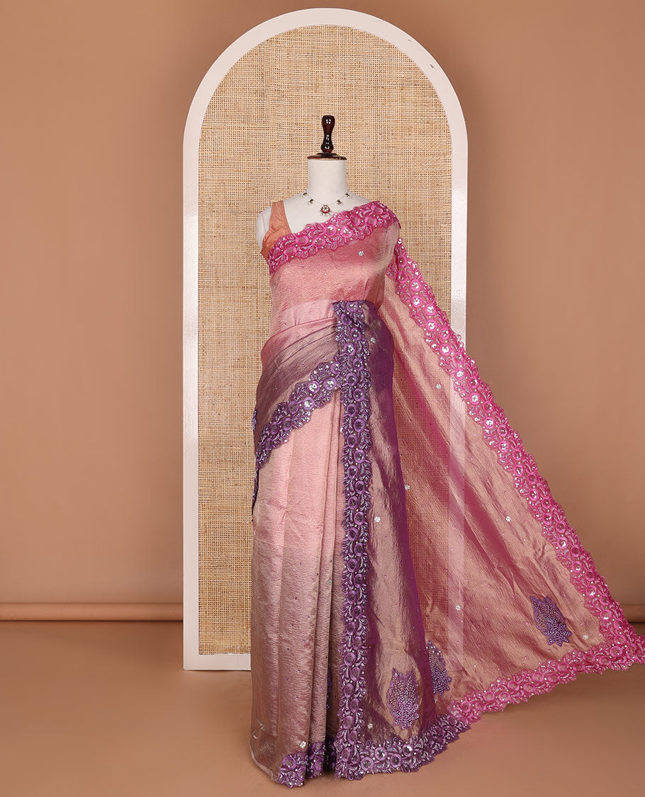 Pink stone embedded ombre crushed tissue designer saree, scallop ganga-jamuna floral-theme thread embroidered border with stone work