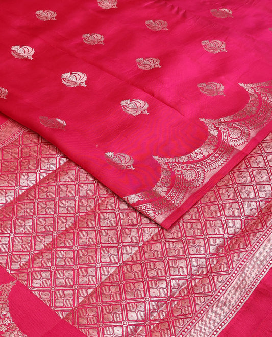 Pink zari buttas raw mango silk saree, zari border of scallop designs & jaal design pallu