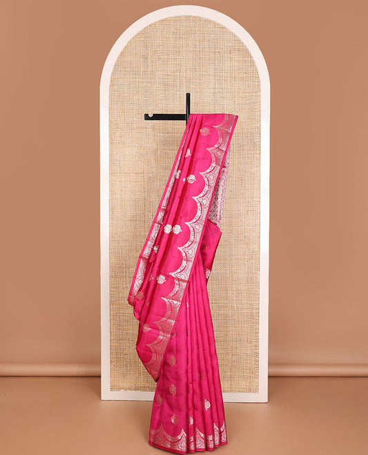 Pink zari buttas raw mango silk saree, zari border of scallop designs & jaal design pallu