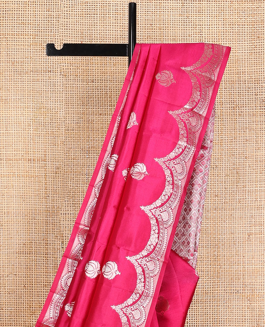 Pink zari buttas raw mango silk saree, zari border of scallop designs & jaal design pallu