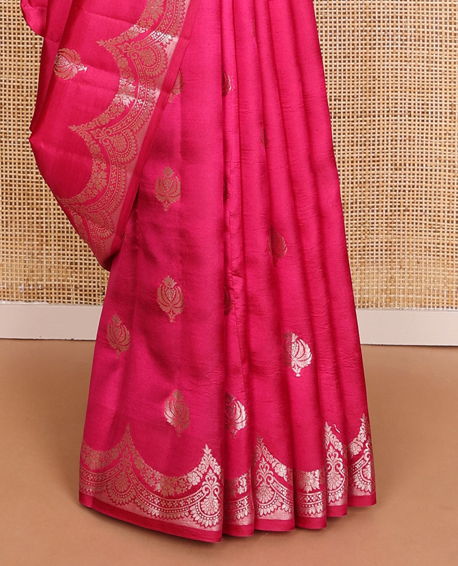 Pink zari buttas raw mango silk saree, zari border of scallop designs & jaal design pallu