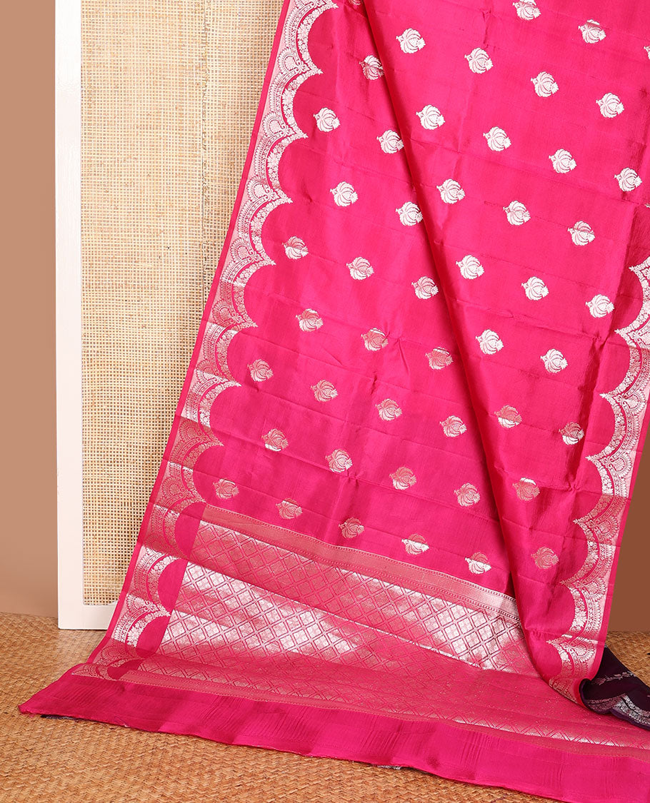 Pink zari buttas raw mango silk saree, zari border of scallop designs & jaal design pallu
