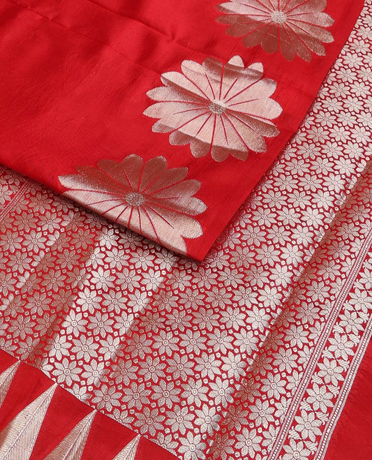 Borderless red zari buttas and floral creeper zari woven raw mango silk saree, floral jaal pallu