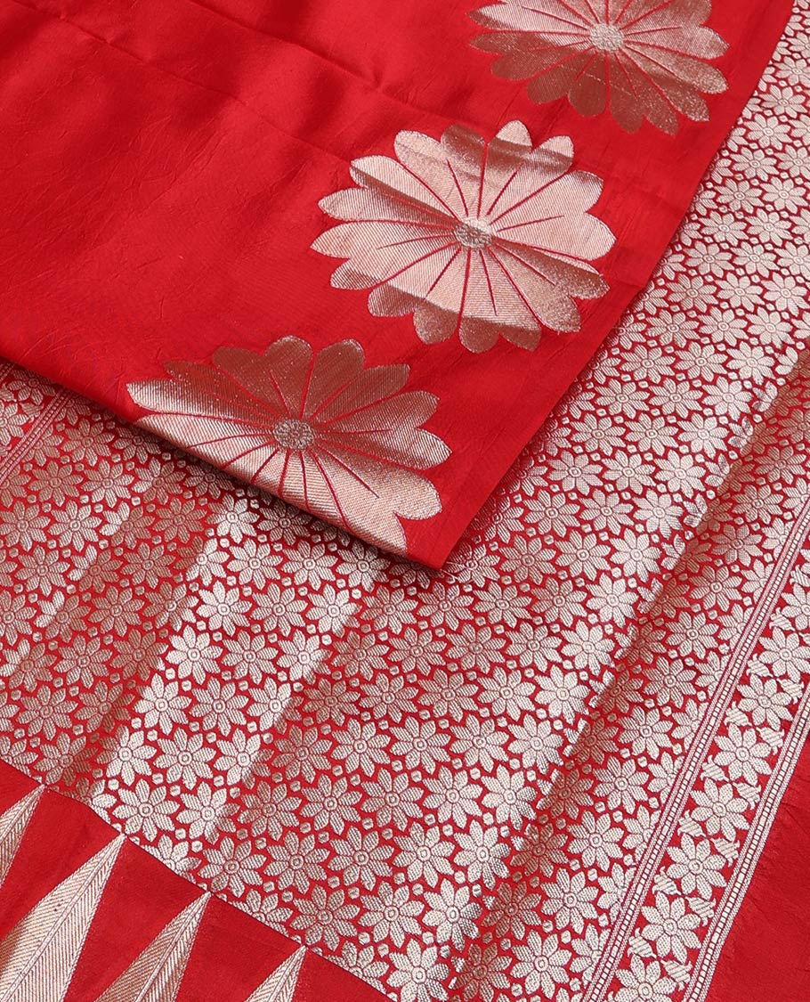 Borderless red zari buttas and floral creeper zari woven raw mango silk saree, floral jaal pallu