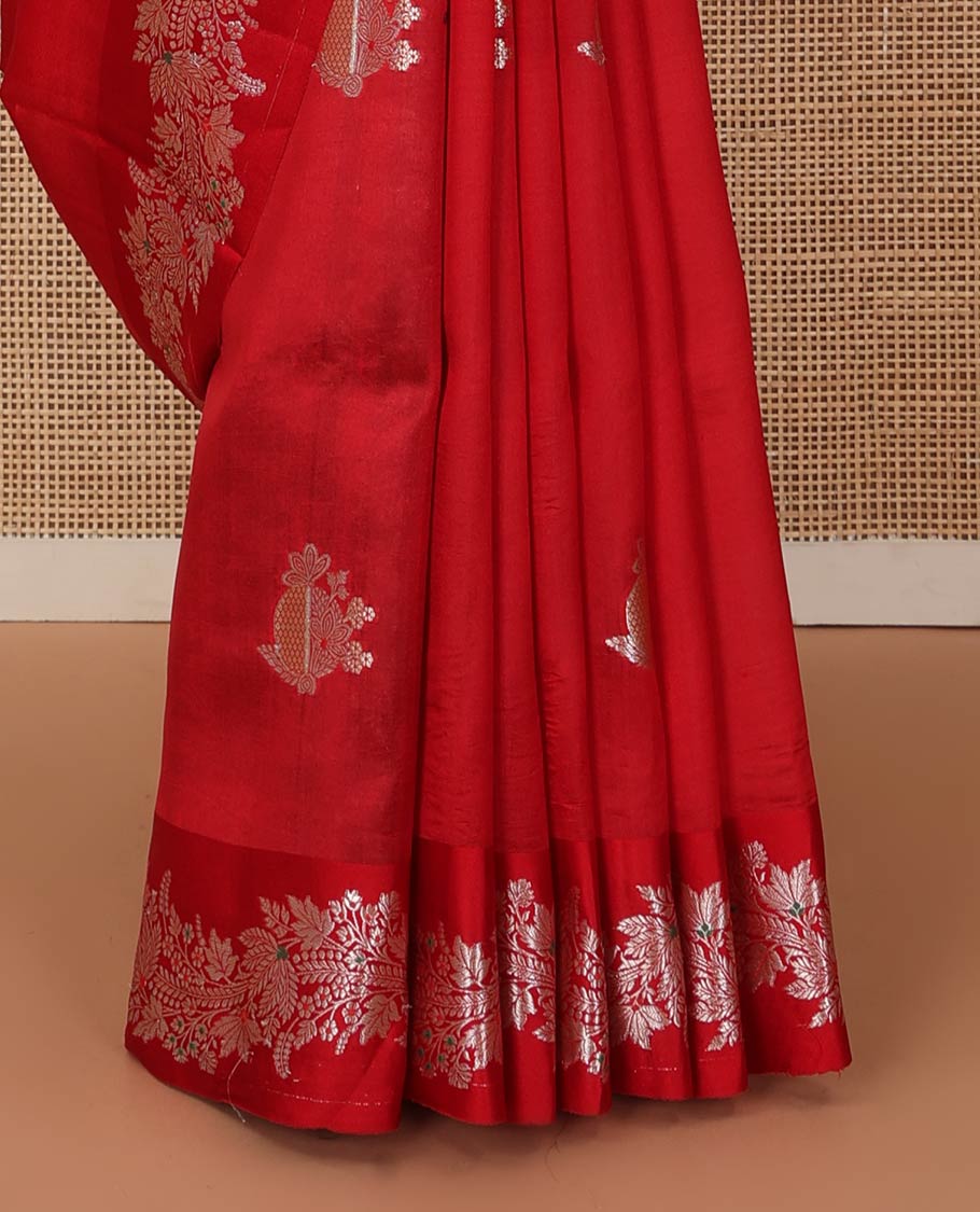 Borderless red zari buttas and floral creeper zari woven raw mango silk saree, floral jaal pallu