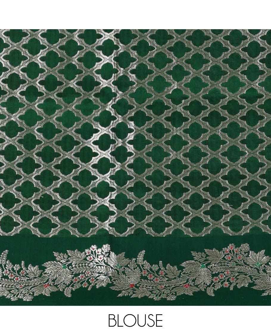 Borderless red zari buttas and floral creeper zari woven raw mango silk saree, floral jaal pallu