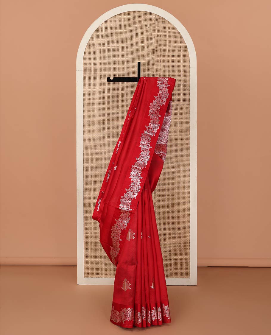 Borderless red zari buttas and floral creeper zari woven raw mango silk saree, floral jaal pallu