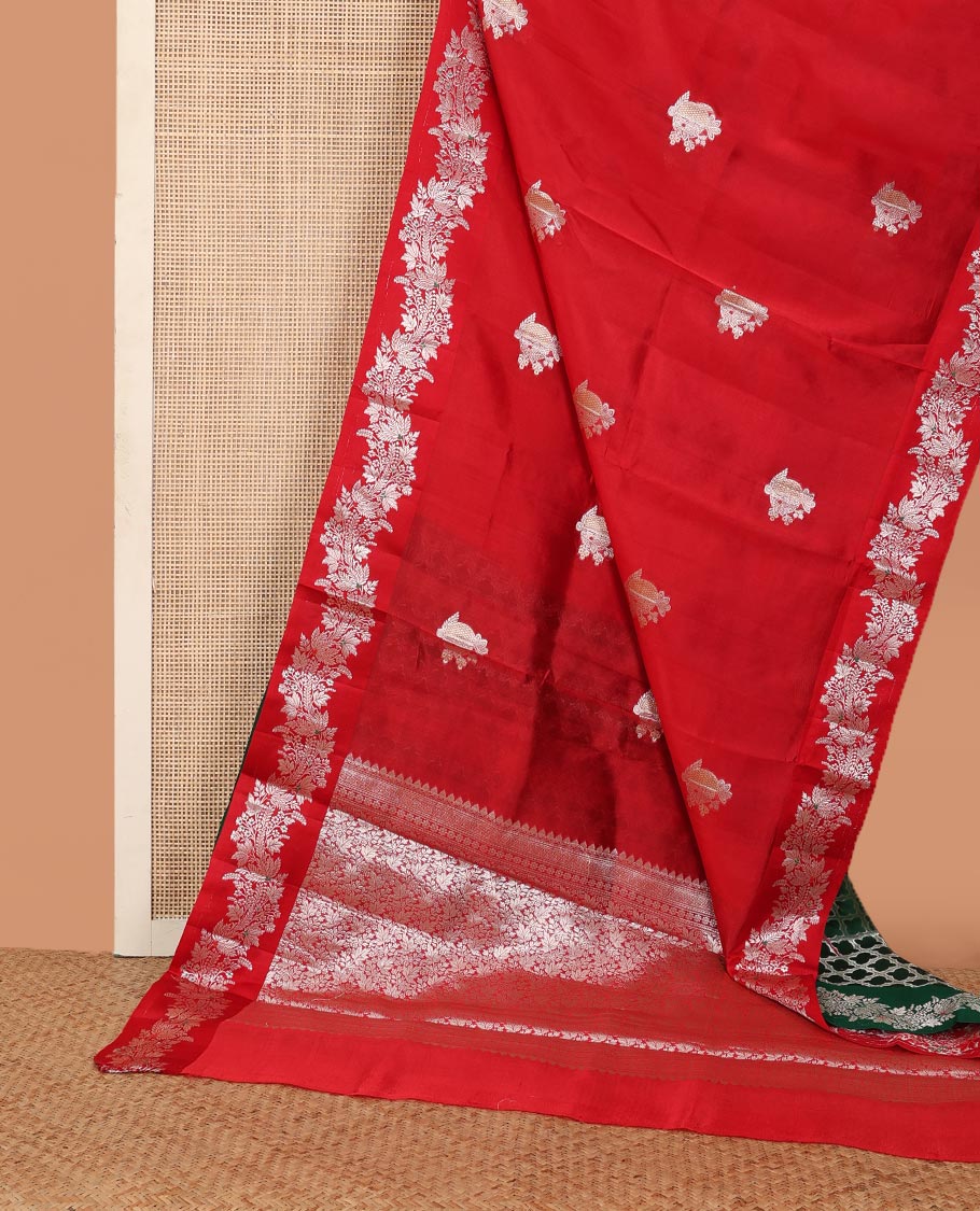 Borderless red zari buttas and floral creeper zari woven raw mango silk saree, floral jaal pallu
