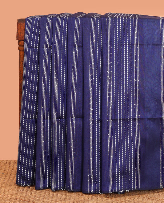 Borderless blue sequins striped dupion saree, contrast blue sequins striped pallu
