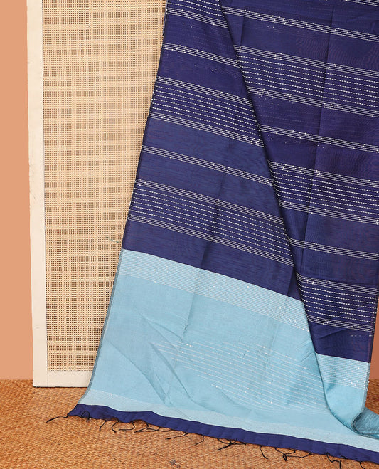 Borderless blue sequins striped dupion saree, contrast blue sequins striped pallu