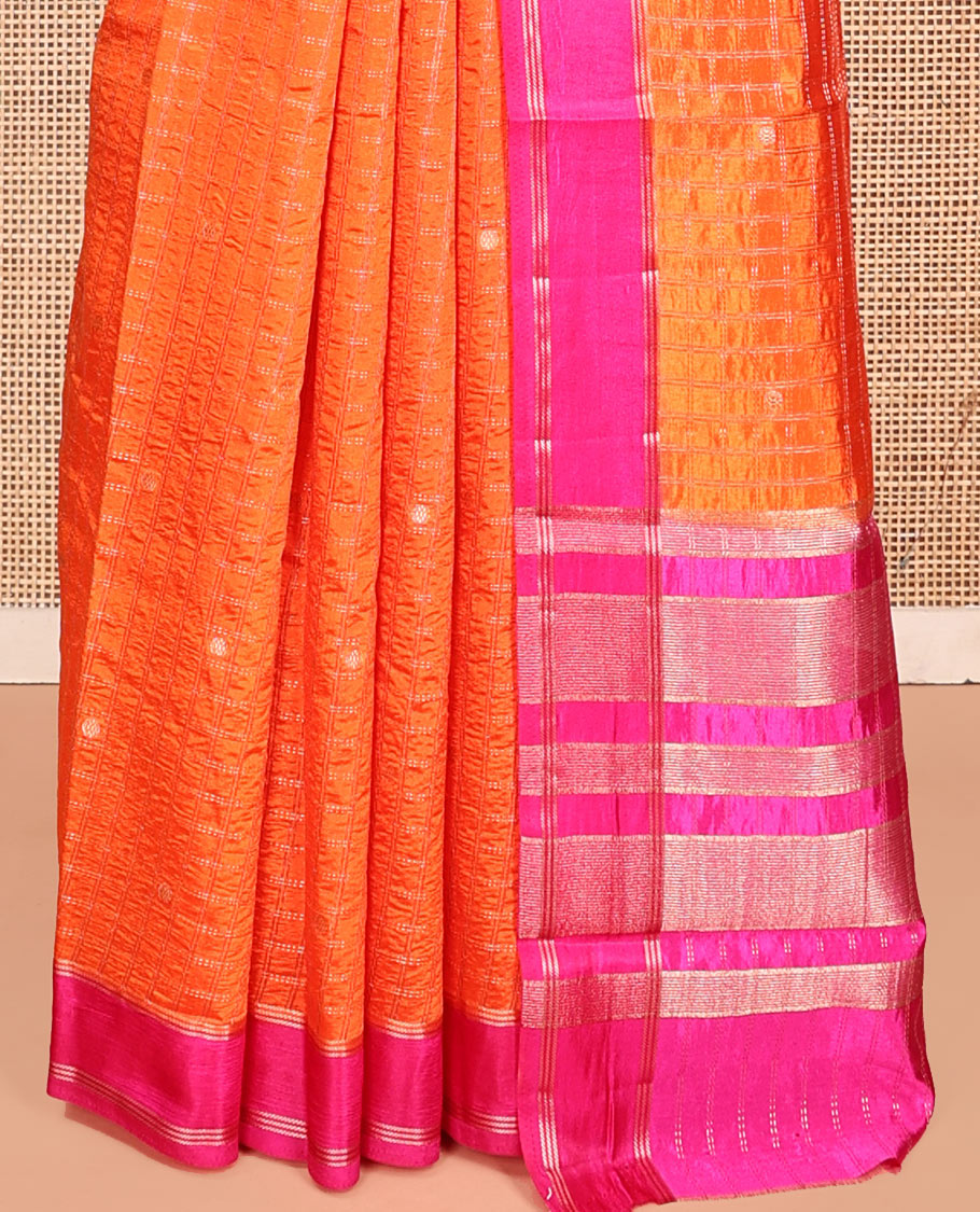 Orange Semi-Banarasi Dupion Saree, Embellished with Zari Butta Enclosed Checks, a Contrast Zari Striped Border, Striped Pallu, and a Contrast Blouse