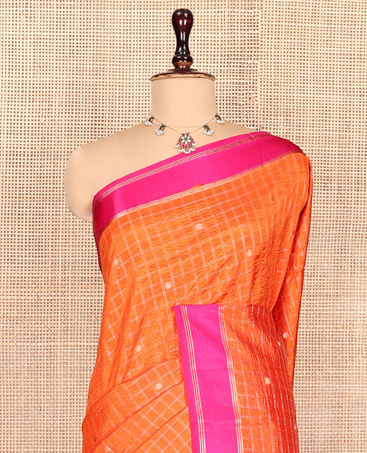 Orange Semi-Banarasi Dupion Saree, Embellished with Zari Butta Enclosed Checks, a Contrast Zari Striped Border, Striped Pallu, and a Contrast Blouse