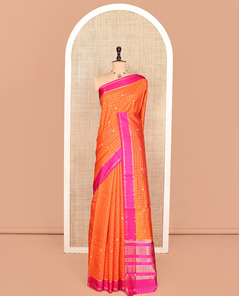 Orange Semi-Banarasi Dupion Saree, Embellished with Zari Butta Enclosed Checks, a Contrast Zari Striped Border, Striped Pallu, and a Contrast Blouse