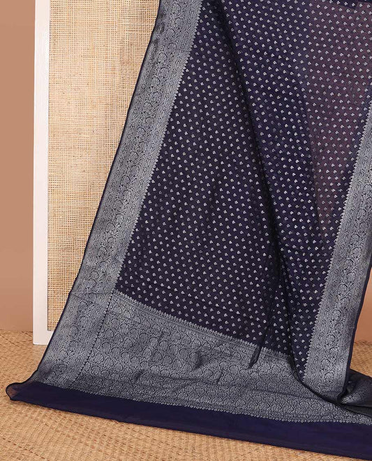 Navy blue zari buttas fancy saree, zari floral creeper border, and floral jaal pallu