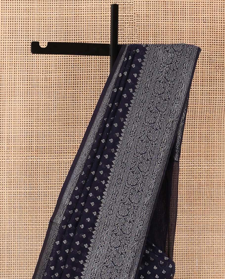 Navy blue zari buttas fancy saree, zari floral creeper border, and floral jaal pallu