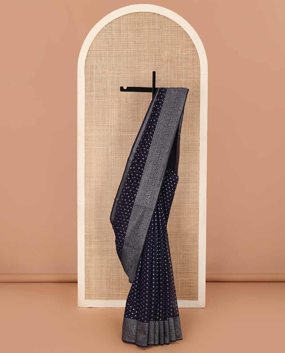 Navy blue zari buttas fancy saree, zari floral creeper border, and floral jaal pallu