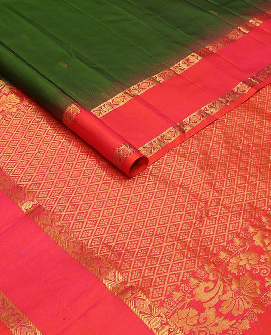 Green zari buttas silk saree, contrast rettai pettu border of rettai manga & rekku & jaal design pallu