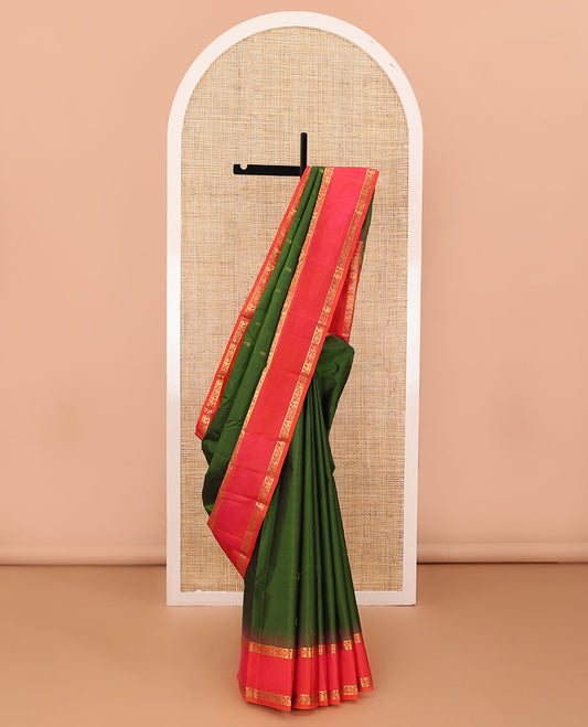 Green zari buttas silk saree, contrast rettai pettu border of rettai manga & rekku & jaal design pallu