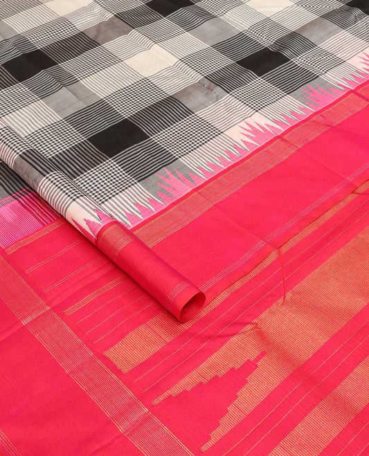 Multi-color checked Kanchipuram silk saree, contrast thazampoo rekku zari border, and zari design pallu