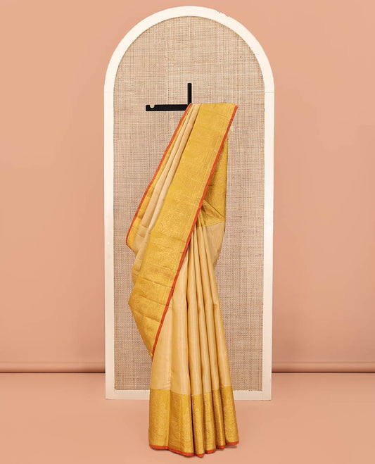 Sandal Kanchipuram Designer Silk Saree, Gracefully Embellished with Buttas All Over Its Body, Complemented by a Contrast Border of Mayil, Kuthirai, Yaali, and Pichwai Cow Designs, Grandly Woven Jaal Pallu, and Paired with a Contrast Blouse