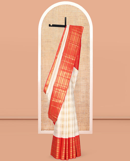 Cream Kanchipuram Designer Silk Saree, Finely Crafted with Geometric Design, Contrast Border of Rekku, Kathir, Annam Chakram, and Jada Nagam Design, Jaal Pallu, and a Contrast Blouse