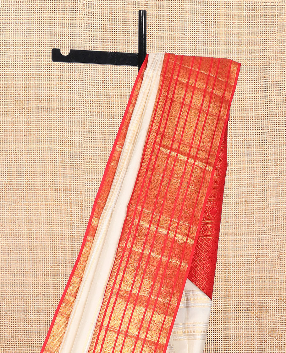Cream Kanchipuram Designer Silk Saree, Finely Crafted with Geometric Design, Contrast Border of Rekku, Kathir, Annam Chakram, and Jada Nagam Design, Jaal Pallu, and a Contrast Blouse
