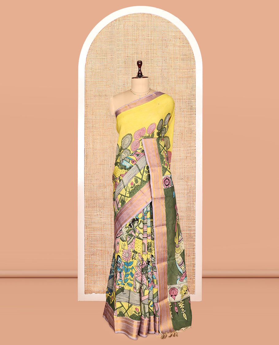 Lemon Yellow Kalamkari Silk Saree, Finely Crafted with Human Figurines, a Contrast Traditional Zari Border, Pallu of Kalamkari Human Motifs, and a Contrast Blouse