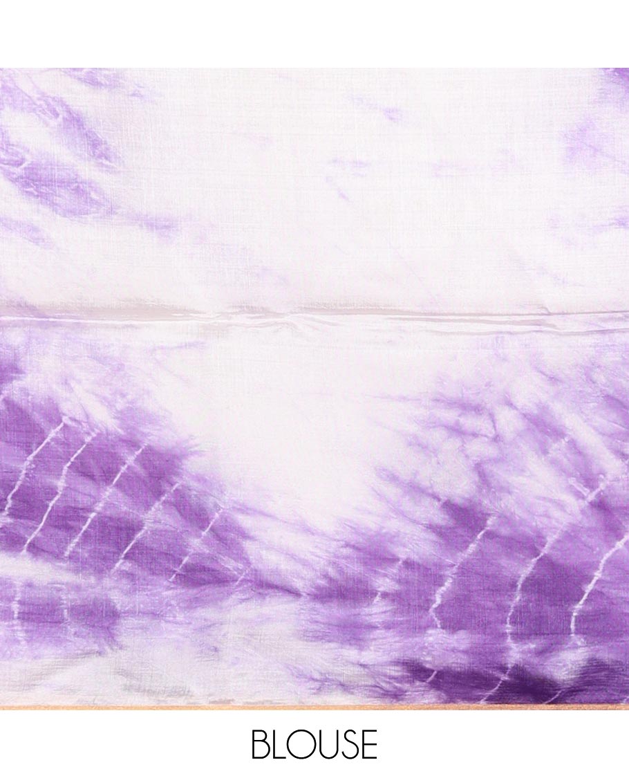 Borderless violet and white Shibori-style tie-dye printed saree, shibori printed pallu with violet tassels