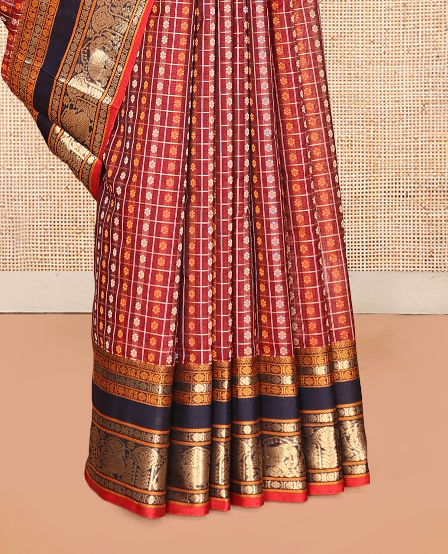 Red Buttas-Checked Kuppadam Silk Saree, a Contrast Double-Pet Peacock-Elephant Border, Grand Pallu, Matching Blouse