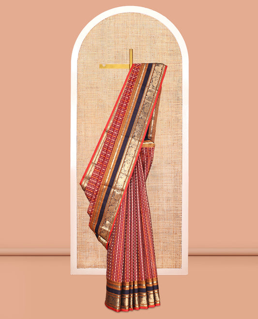 Red Buttas-Checked Kuppadam Silk Saree, a Contrast Double-Pet Peacock-Elephant Border, Grand Pallu, Matching Blouse