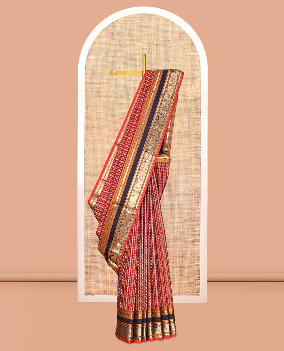 Red Buttas-Checked Kuppadam Silk Saree, a Contrast Double-Pet Peacock-Elephant Border, Grand Pallu, Matching Blouse