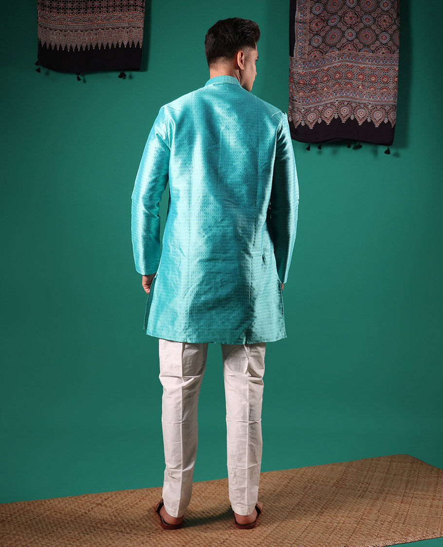 Blue intricate patterns embossed full-sleeved men's kurta