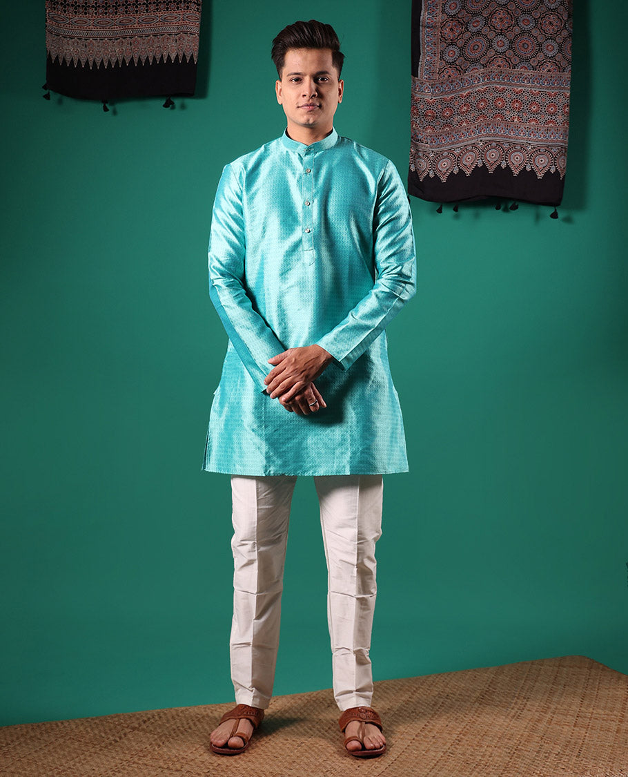 Blue intricate patterns embossed full-sleeved men's kurta